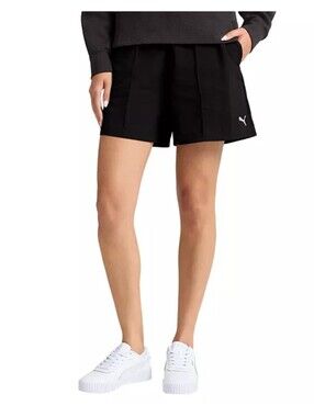 Puma Womens ESS Woven Pin Tuck Black Shorts Comfort Fit Drawstring Waist Pockets